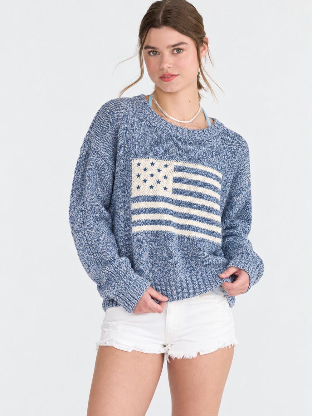 Rachel Zoe NWT XL Cotton American Flag Marled Knit Sweater Coastal Americana